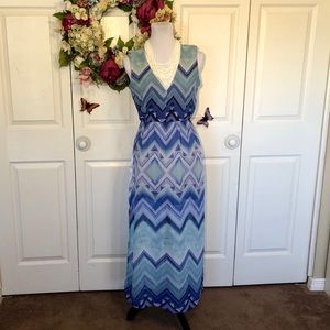 📁 V-Neck Chevron Print Sheer Panel Maxi Dress New